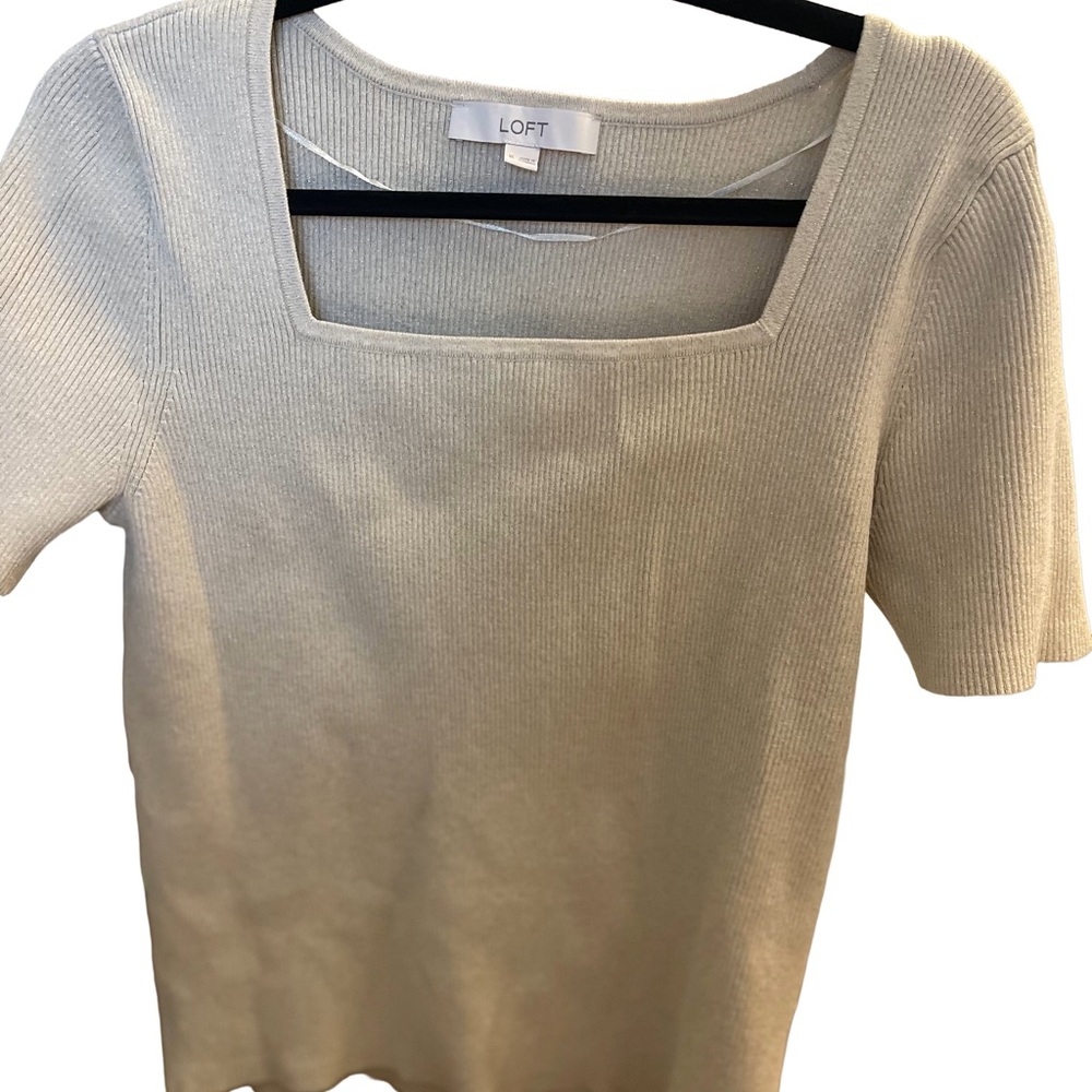 LOFT Women's Beige and Gold Shimmer Square Neck Tee